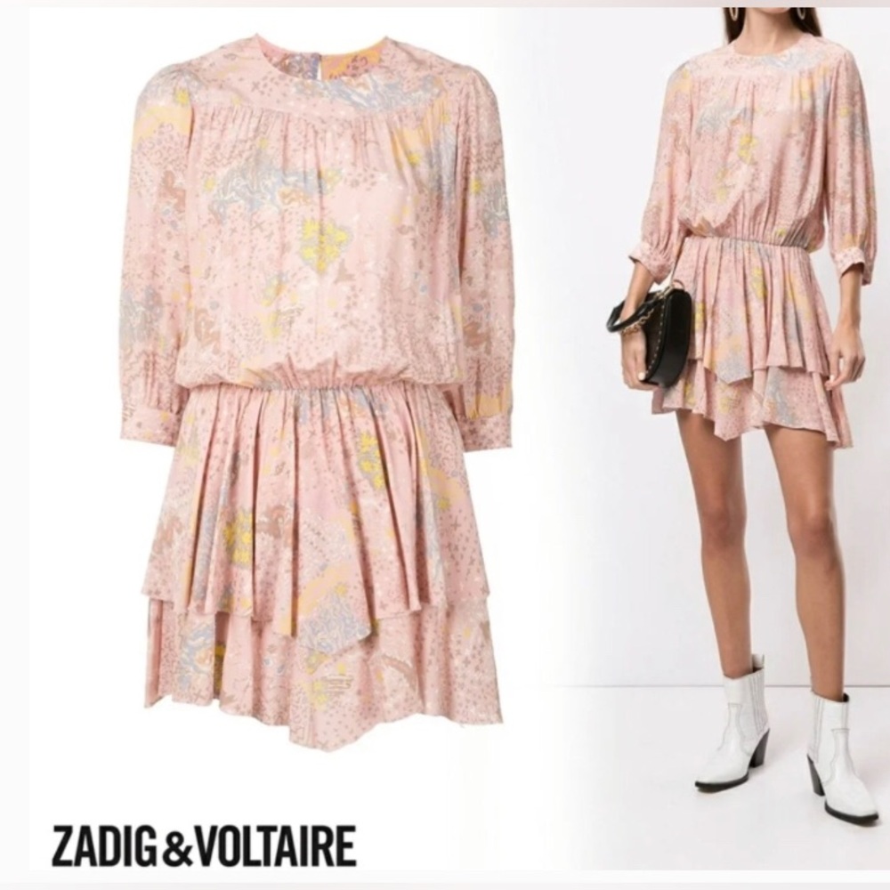Zadig & Voltaire Rooka Print Glam Rock Dress Pink Floral Tiered Mini Dress M